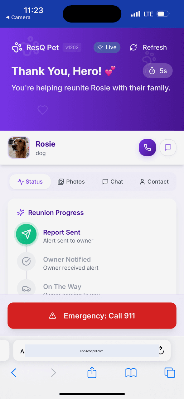 ResQ Pet thank you screen